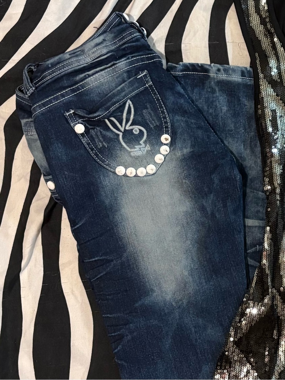 Low Rise PLAYBOY Women's Denim Jeans with White Accents